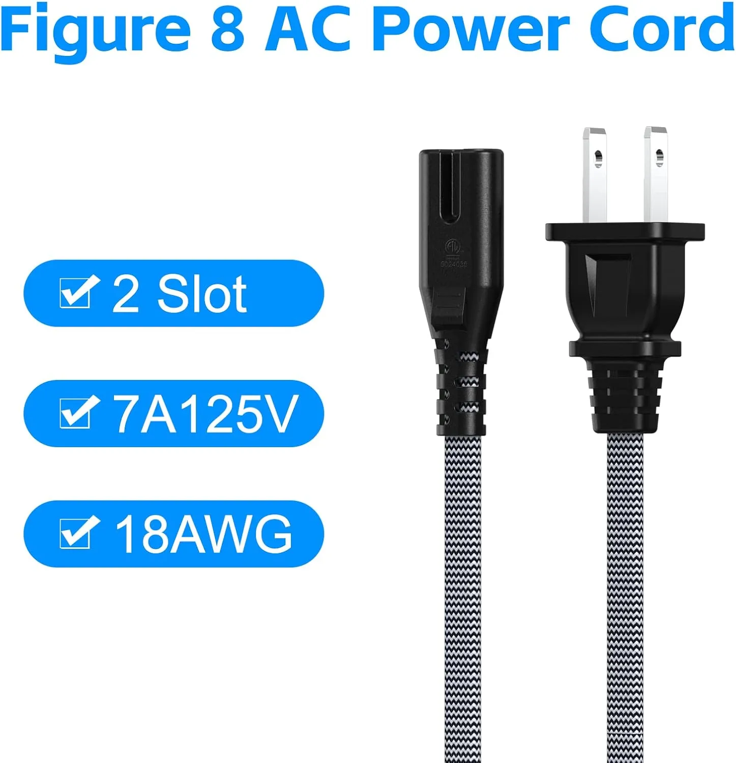 AC Power Cord 20FT (2 Pack), 2 Prong TV Power Cord, Nylon Braid Cable Replacement for Xbox One, PS3, PS4, PS5, Compatible for Printer, Monitor, Sound Bar, Game Console
