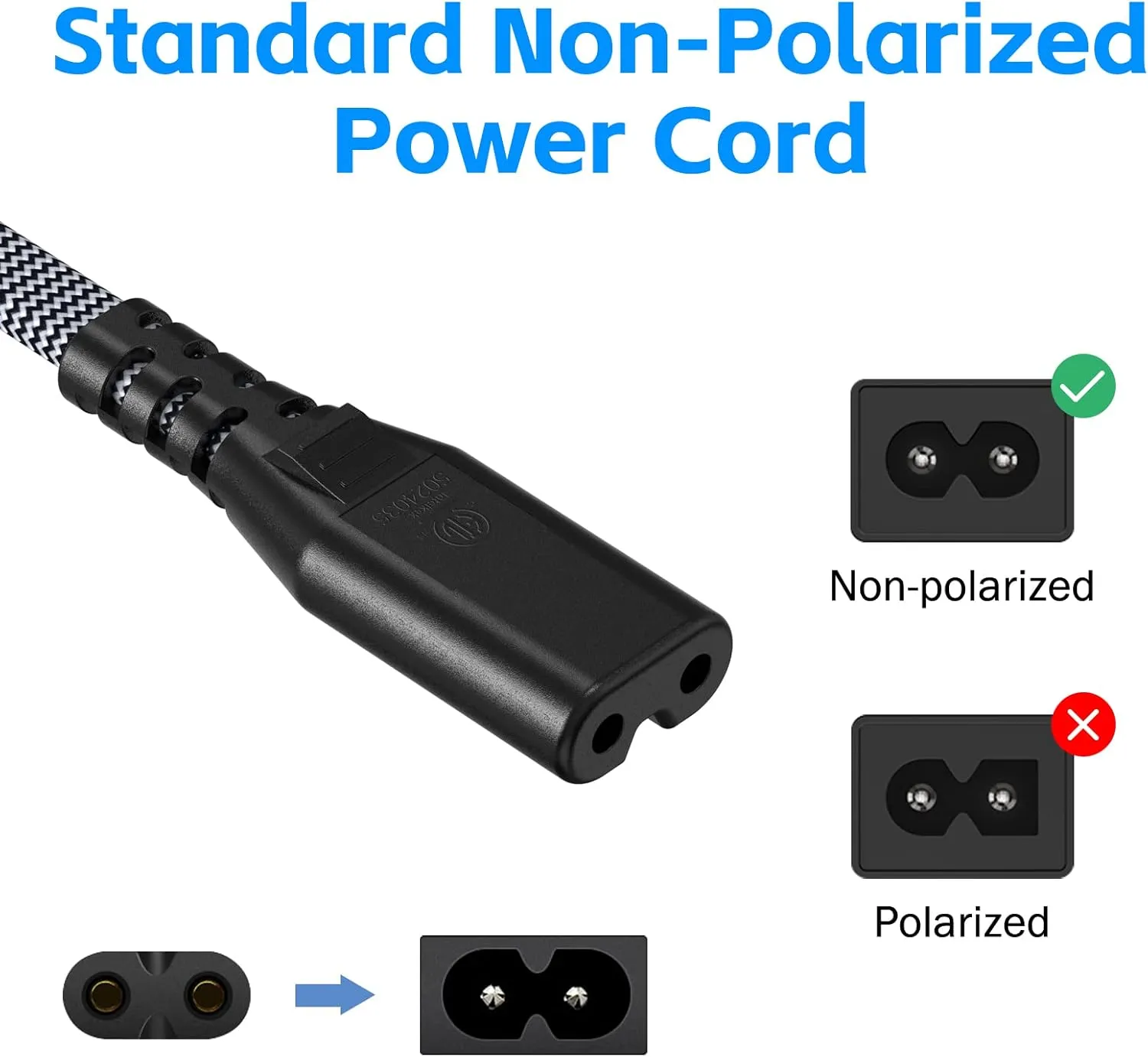 AC Power Cord 20FT (2 Pack), 2 Prong TV Power Cord, Nylon Braid Cable Replacement for Xbox One, PS3, PS4, PS5, Compatible for Printer, Monitor, Sound Bar, Game Console