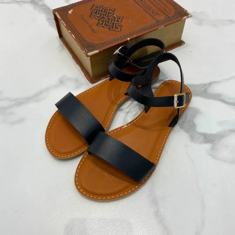 AMOZAE-- Solid Round Toe Leather Sandals
