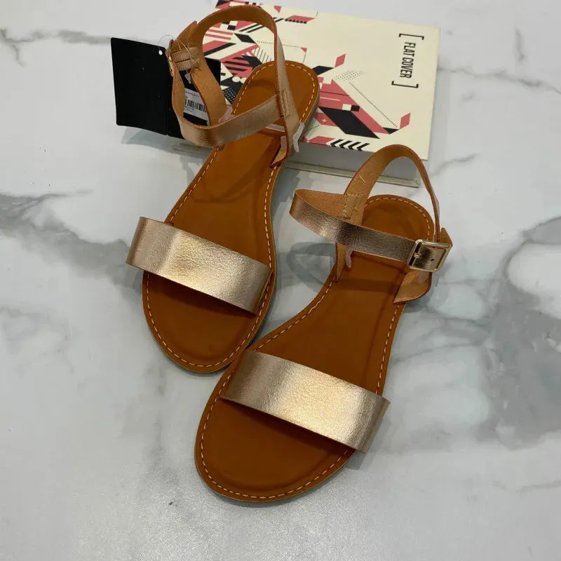 AMOZAE-- Solid Round Toe Leather Sandals