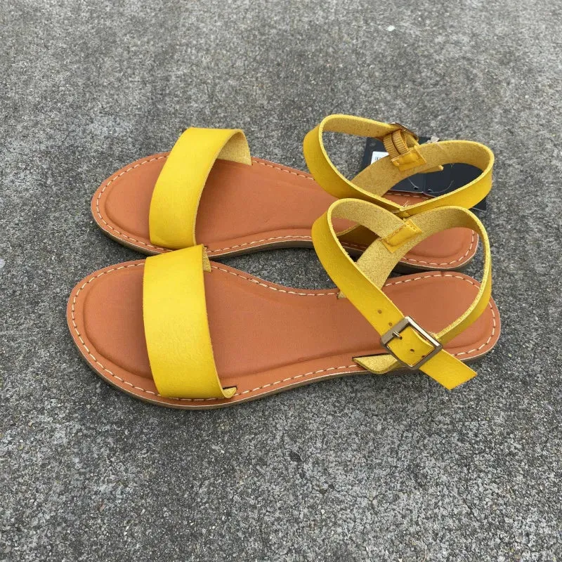 AMOZAE-- Solid Round Toe Leather Sandals