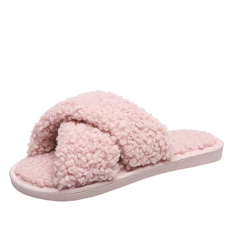 Criss Cross Coral Fleece Slippers for Women