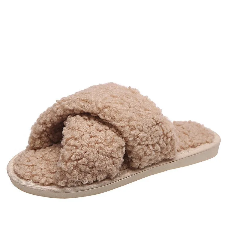 Criss Cross Coral Fleece Slippers for Women