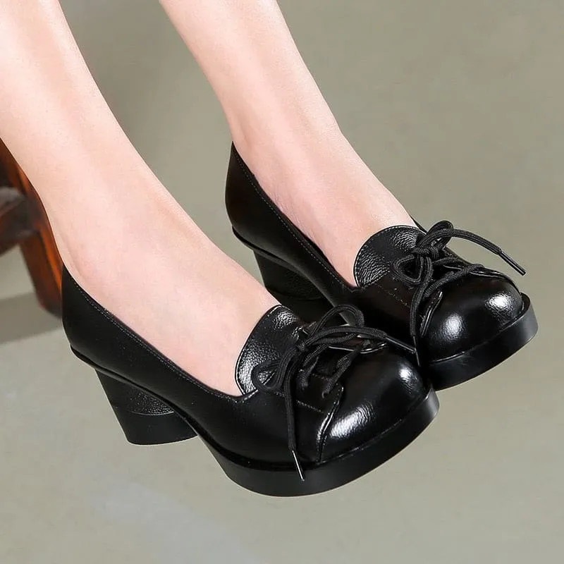 Genuine Leather Retro Lady Handmade High Heels Slip On Platform Pumps