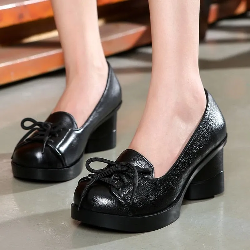Genuine Leather Retro Lady Handmade High Heels Slip On Platform Pumps
