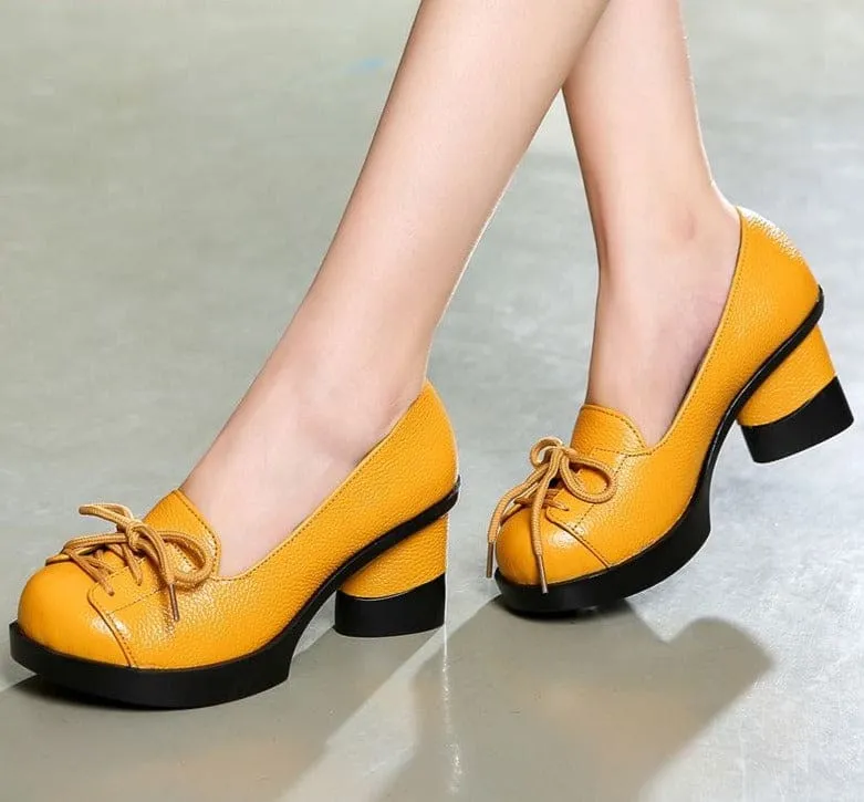 Genuine Leather Retro Lady Handmade High Heels Slip On Platform Pumps