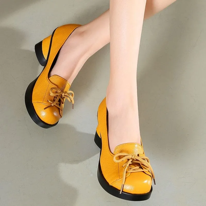Genuine Leather Retro Lady Handmade High Heels Slip On Platform Pumps