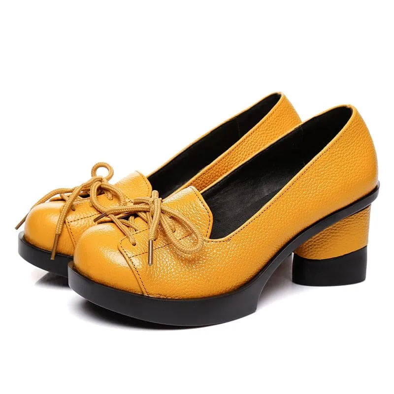 Genuine Leather Retro Lady Handmade High Heels Slip On Platform Pumps