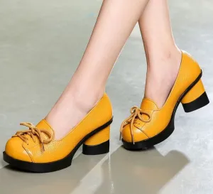 Genuine Leather Retro Lady Handmade High Heels Slip On Platform Pumps