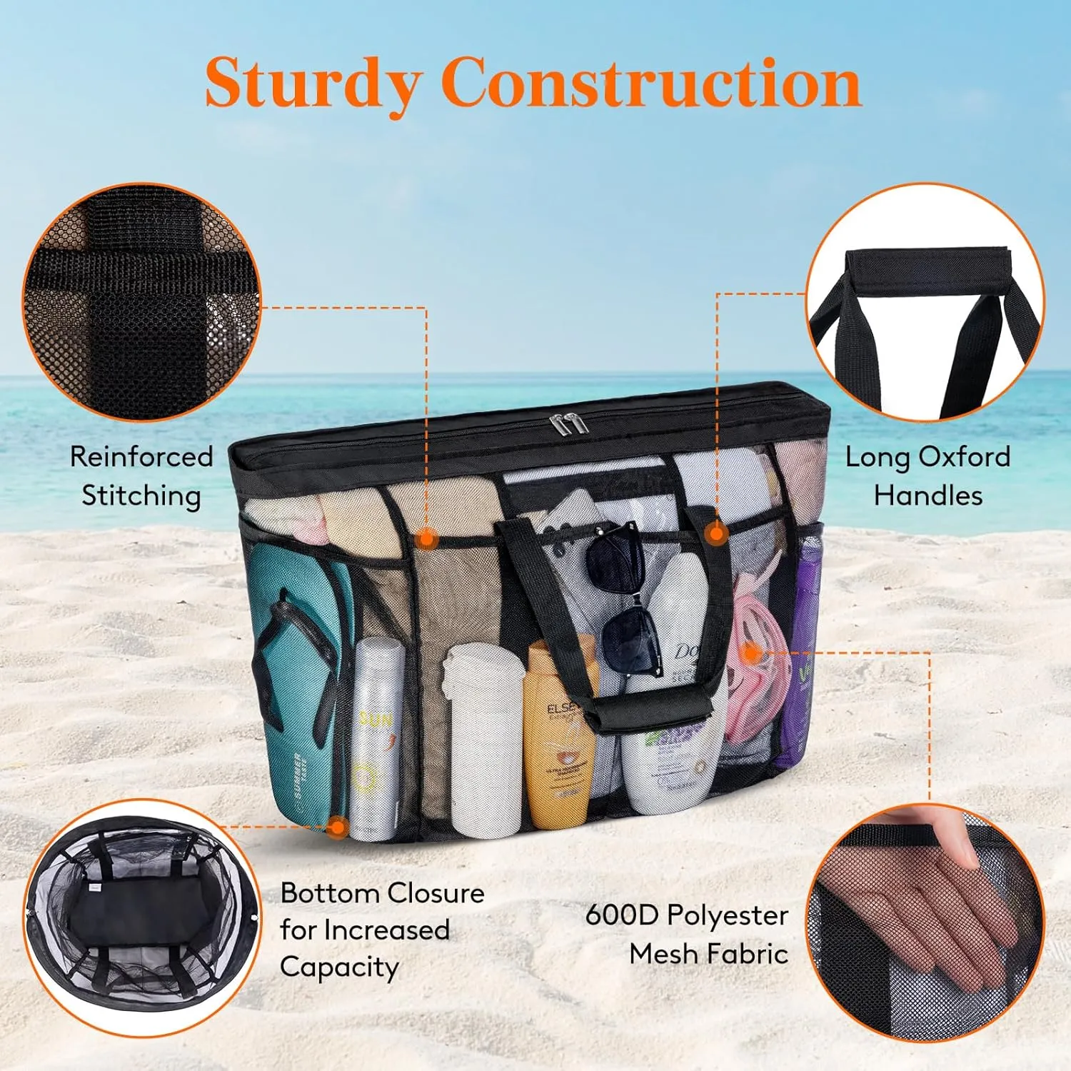 Lifewit Mesh Tote Bags for Women, Extra Large Mesh Tote Bags with Zipper and Pockets, Lightweight Shower Caddy, Beach Essentials for Family, Pool Bag Basket for Women Vacation, Swimmers Black