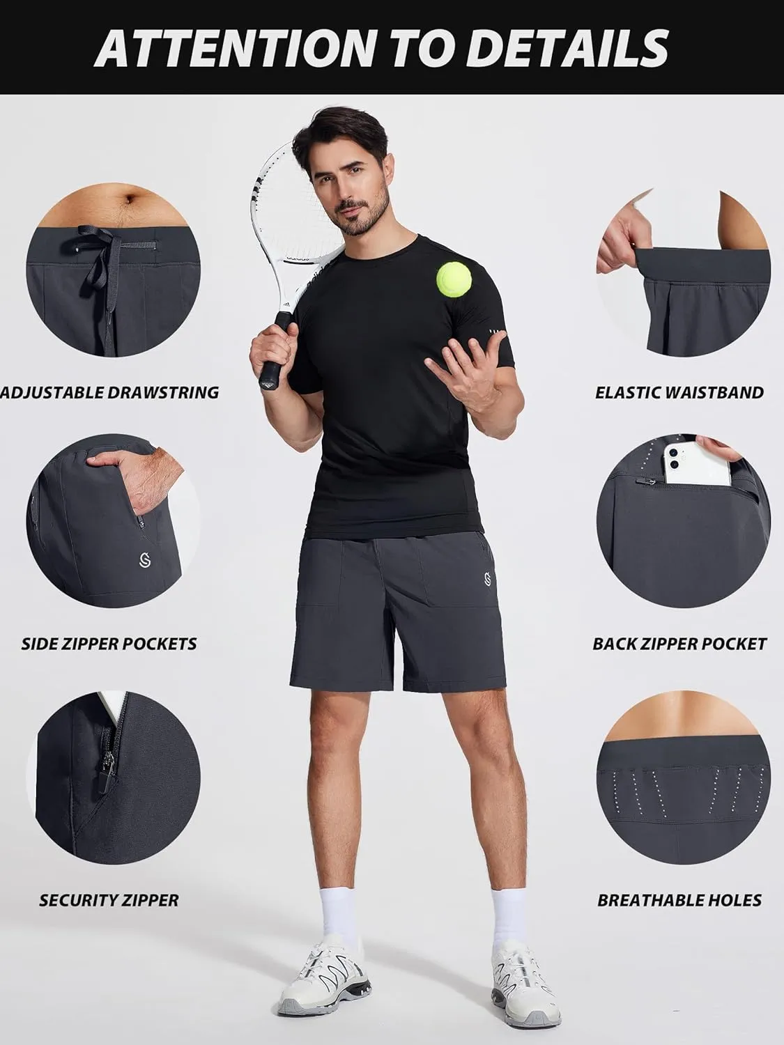 Mens Athletic Workout Gym Shorts 7 Inch Inseam Running Sweat Sport Shorts for Men with Zipper Pockets