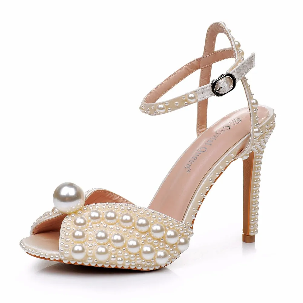 Open Toe Pearl Ankle-Strap Stiletto High Heels