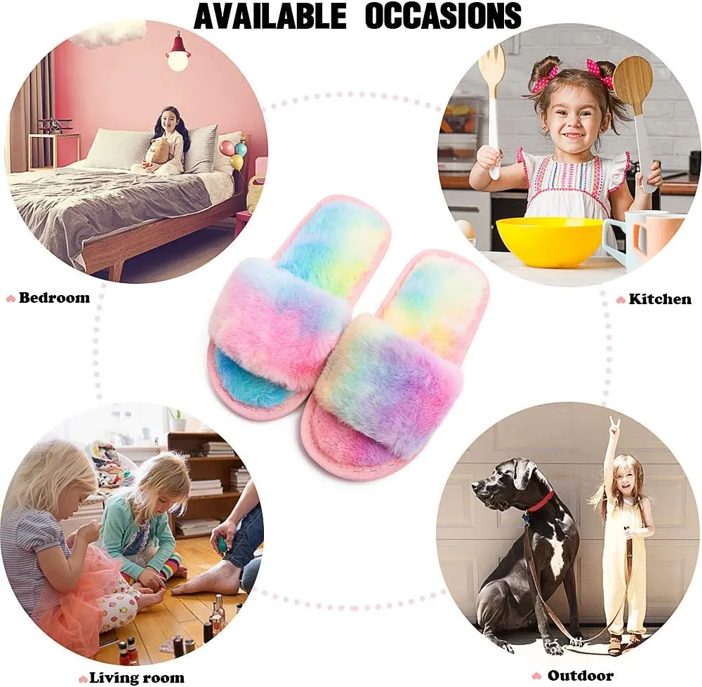 techcity Boys Girls Fuzzy House Slippers Cute Comfy Faux Fur Slip On Fluffy Plush Open Toe Home Slides for Kids Indoor Outdoor Warm Shoes