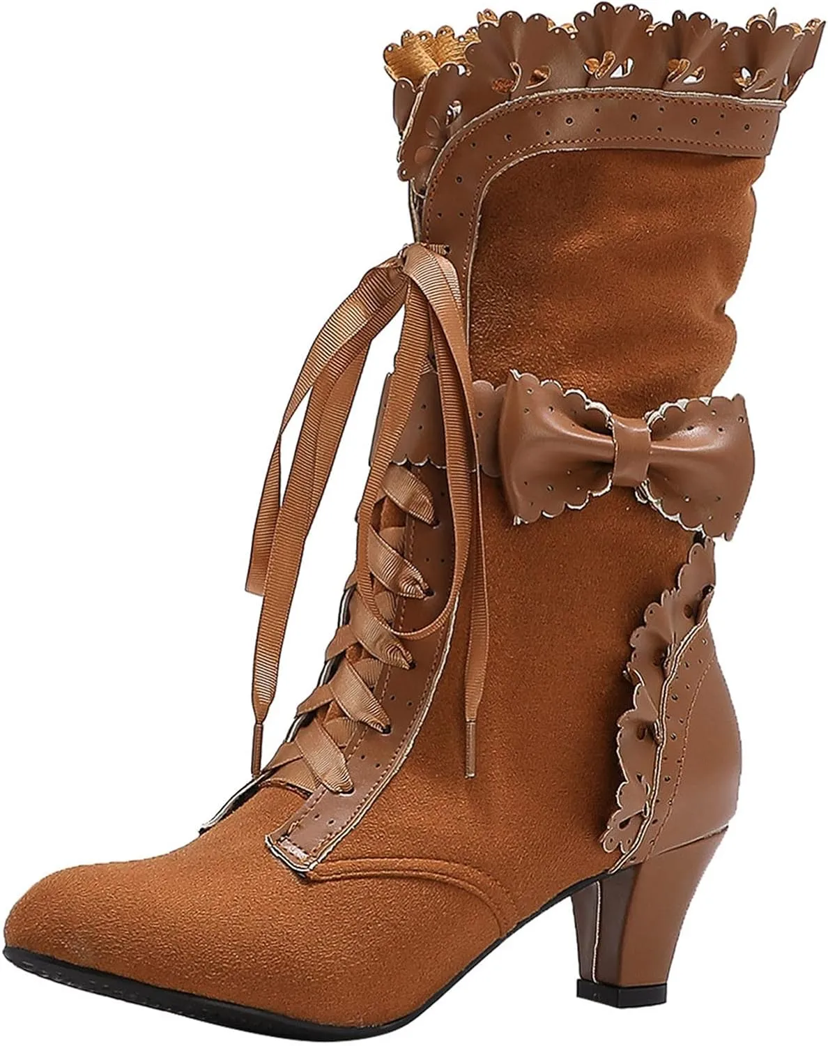 Women Mid Calf Gothic Boots Lace Up Kitten Heel Cute Bow Boots Vintage Halloween Round Toe Bow Boots Party Dress Shoes