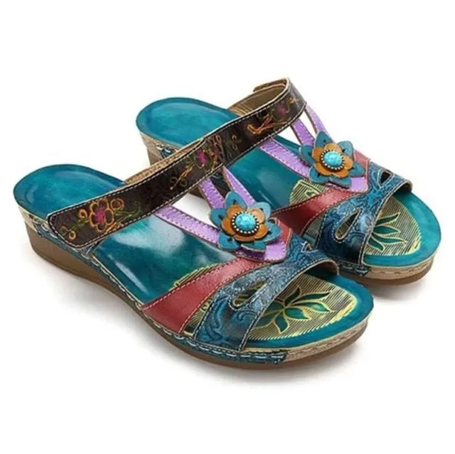 Yeknu Women Sandals Heeled Slippers Ethnic Flower Sandals Female Summer Shoes Casual Beach Shoes Flip Flop Chaussures Femme Platform