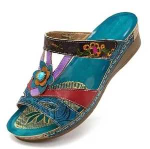 Yeknu Women Sandals Heeled Slippers Ethnic Flower Sandals Female Summer Shoes Casual Beach Shoes Flip Flop Chaussures Femme Platform
